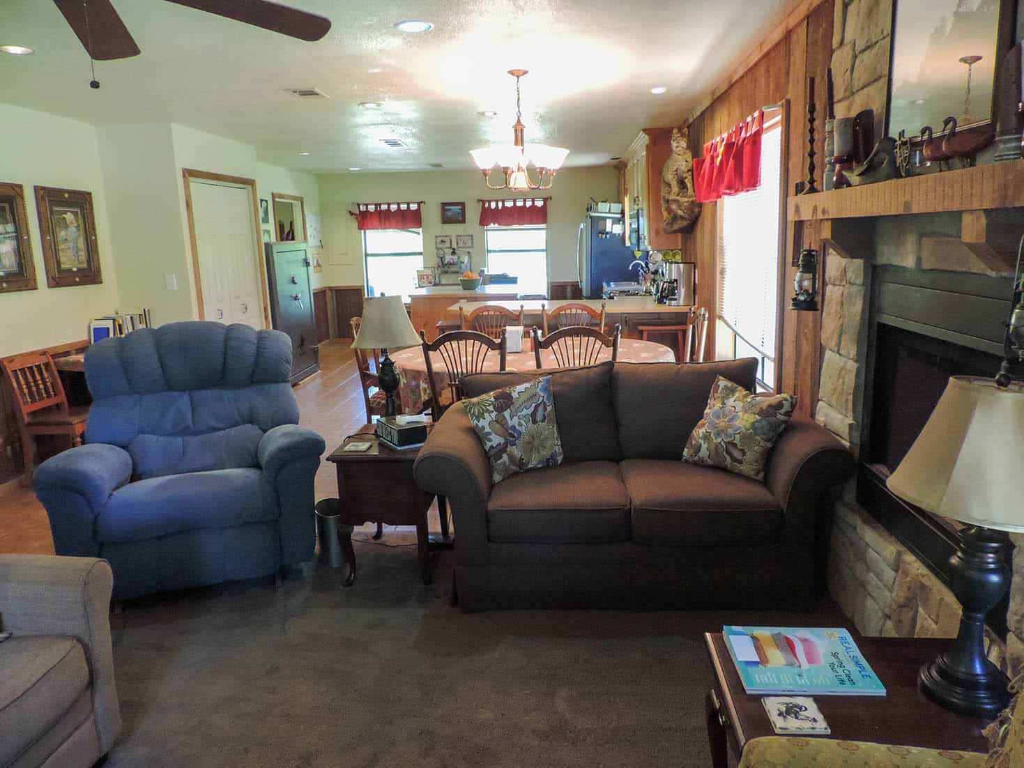 Living room of ranch home on wide open Oklahoma land for sale.